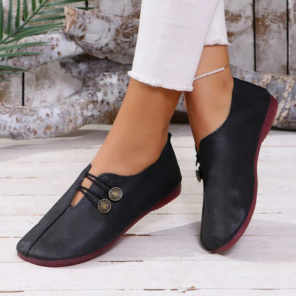 Women's Retro Metal Accent Loafers - Round Toe Slip-On Flats
