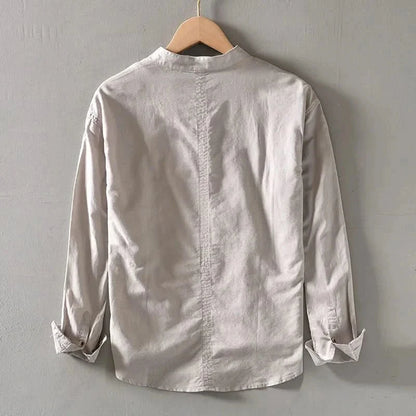 Men's Linen Mandarin Collar Shirt - Relaxed Long Sleeve Top