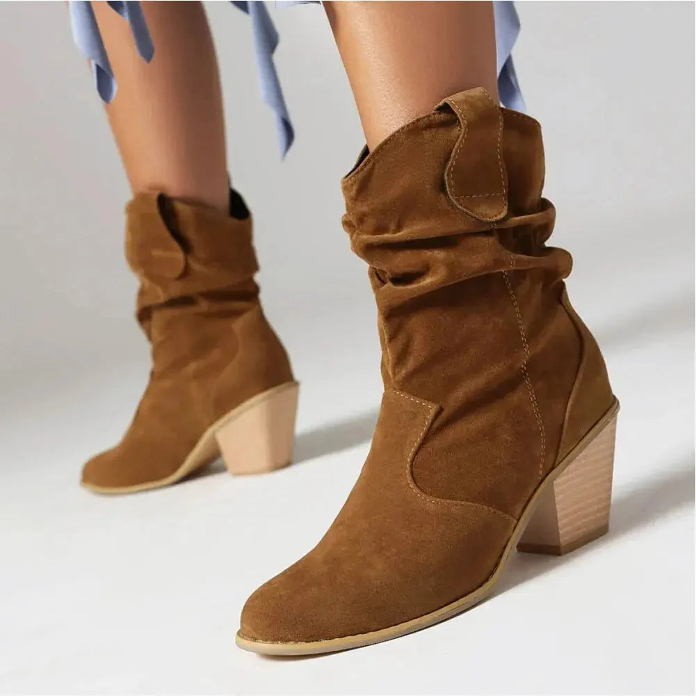 Retro Suede Slouchy Cowboy Boots - Chunky Heel Western Boots