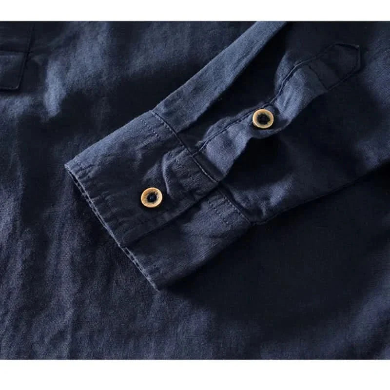 Men's Linen Mandarin Collar Shirt - Relaxed Long Sleeve Top
