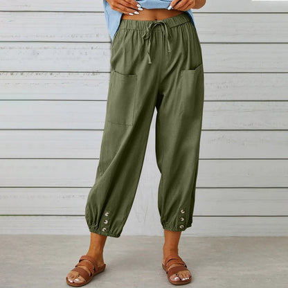 Women's Drawstring Cropped Trousers - Relaxed Cotton Linen