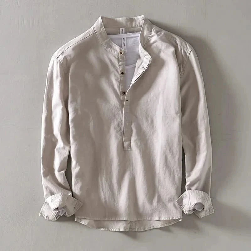 Men's Linen Mandarin Collar Shirt - Relaxed Long Sleeve Top