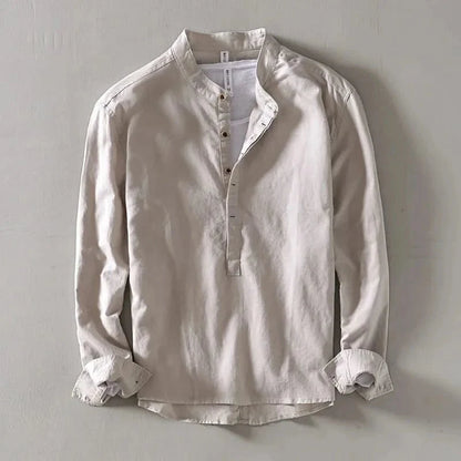 Men's Linen Mandarin Collar Shirt - Relaxed Long Sleeve Top