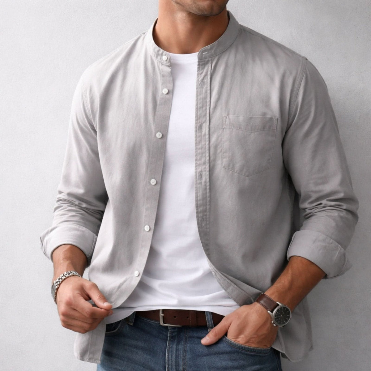 Men's Structured Linen Shirt - Long Sleeve Smart Casual Top