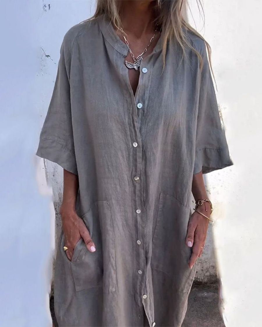 Women's Relaxed Shirt Midi Dress - Side Split with Pockets