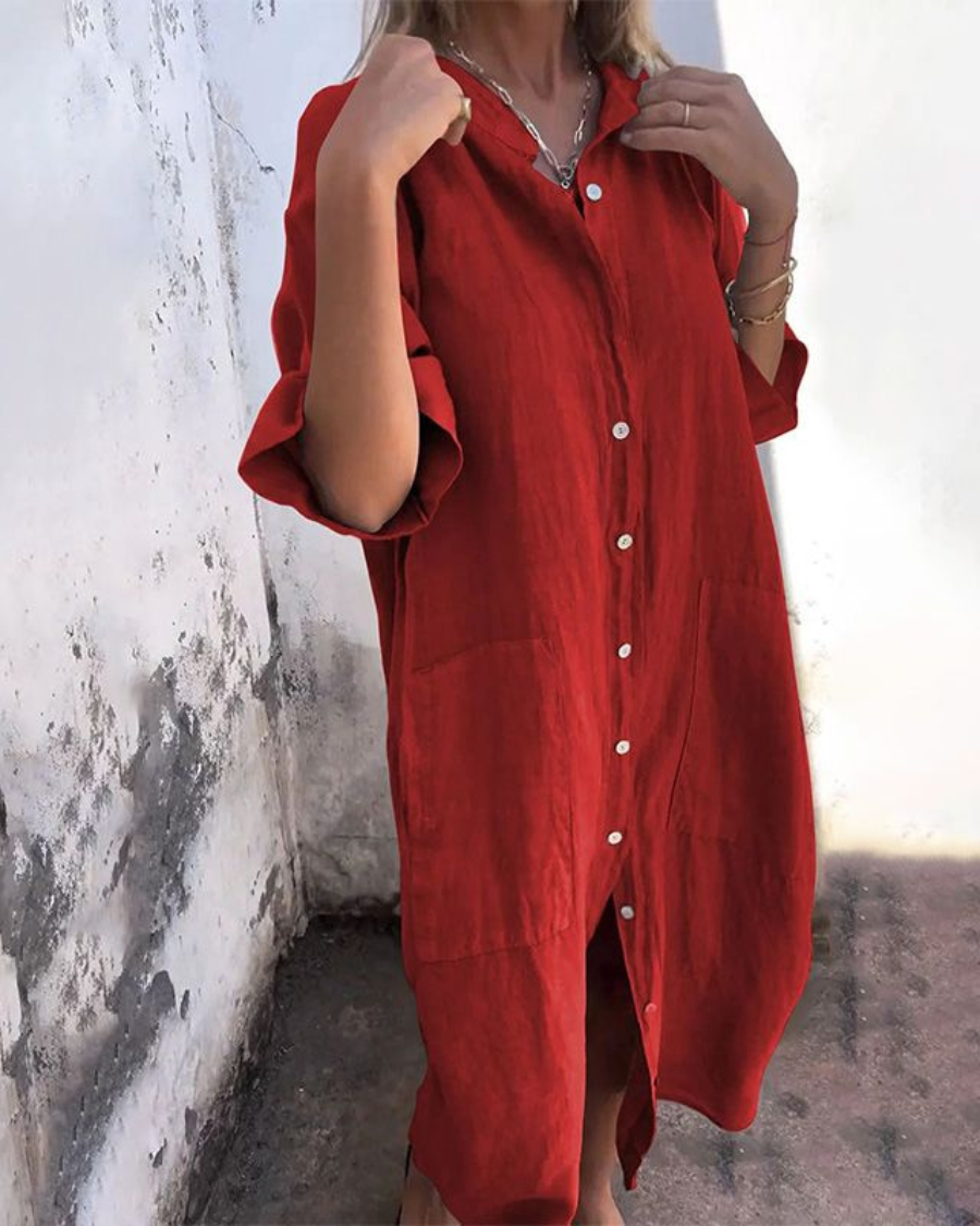 Women's Relaxed Shirt Midi Dress - Side Split with Pockets