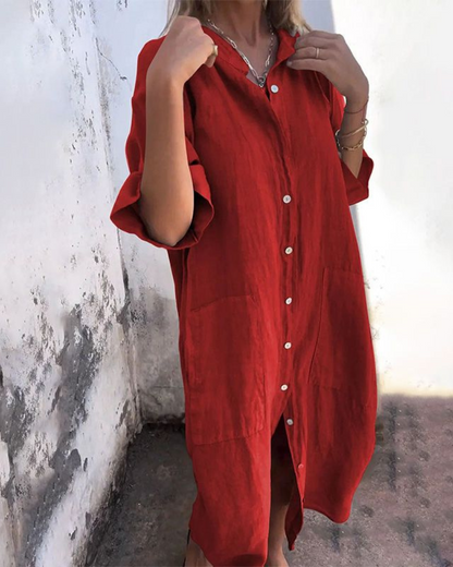 Women's Relaxed Shirt Midi Dress - Side Split with Pockets