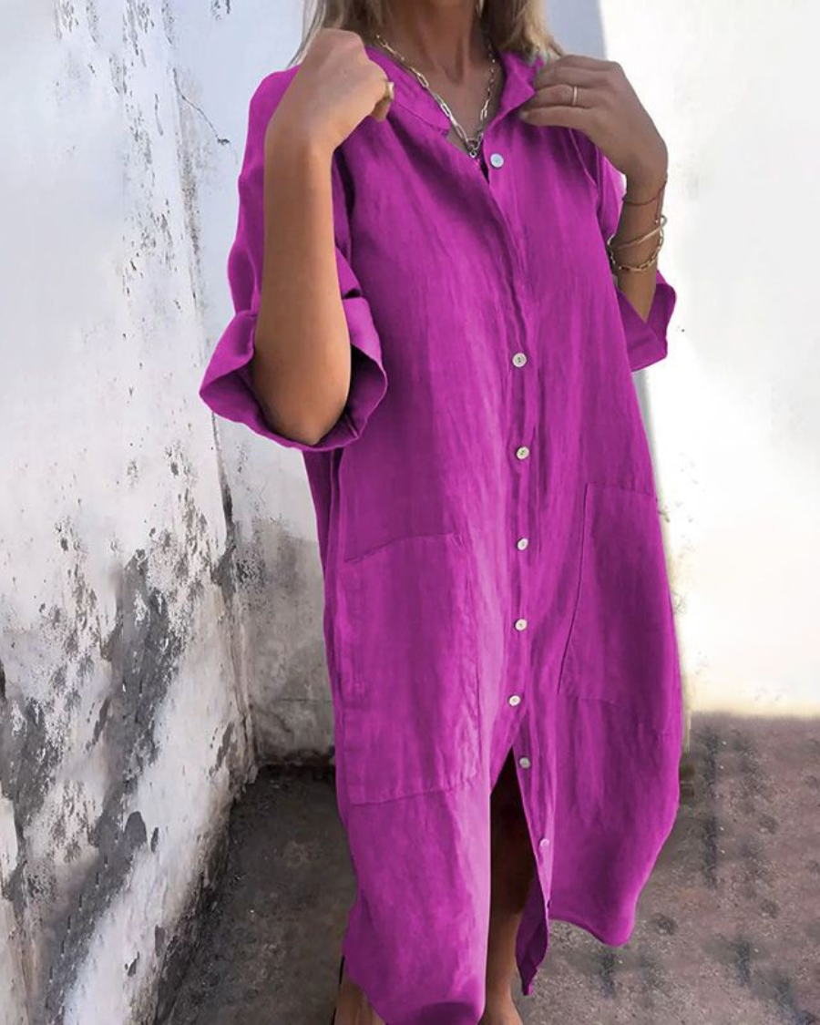 Women's Relaxed Shirt Midi Dress - Side Split with Pockets