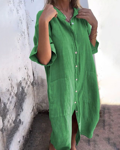 Women's Relaxed Shirt Midi Dress - Side Split with Pockets
