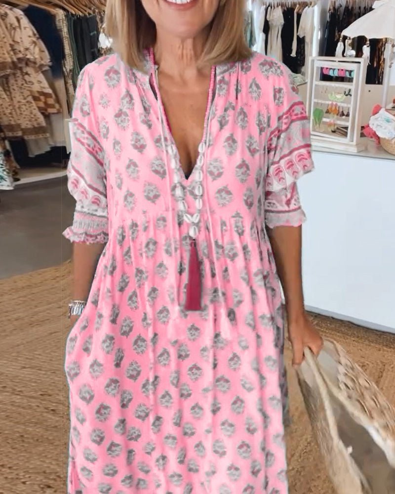 Women's Floral V-Neck Dress - Flowy Chic Midi Summer Dress