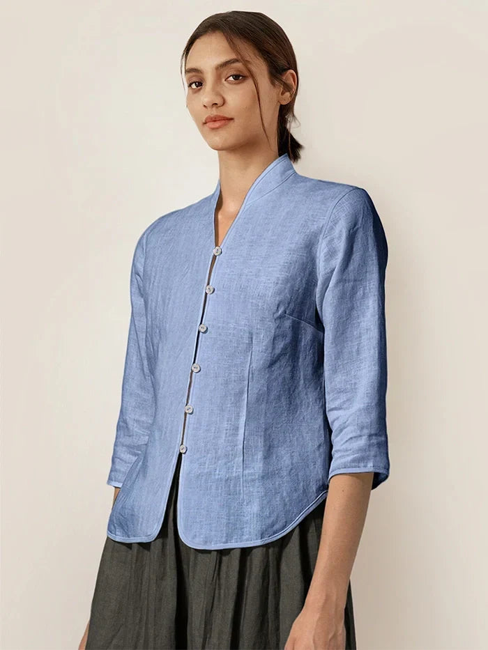 Women's 100% Linen Tailored Jacket - Stand Collar Blazer