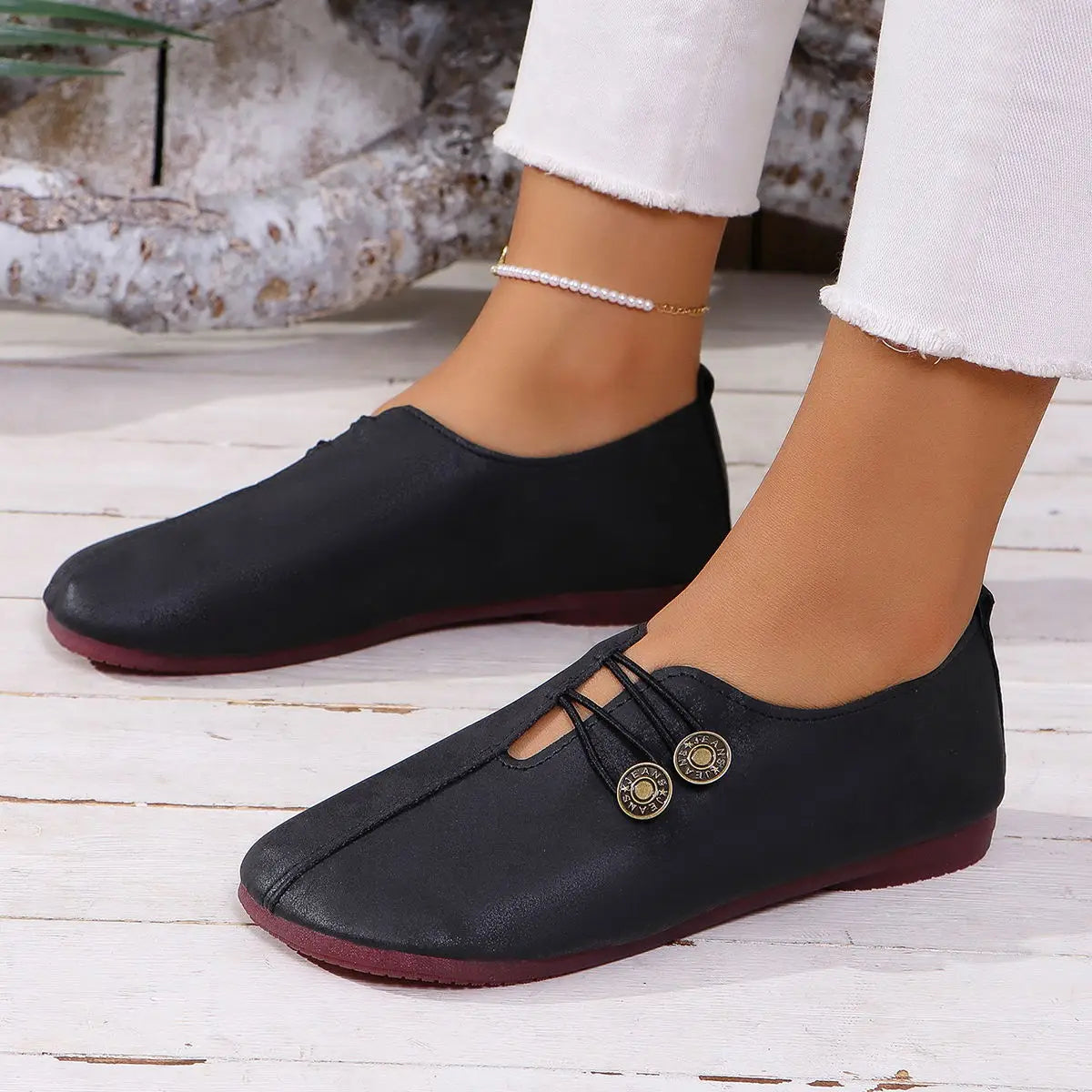 Women's Retro Metal Accent Loafers - Round Toe Slip-On Flats