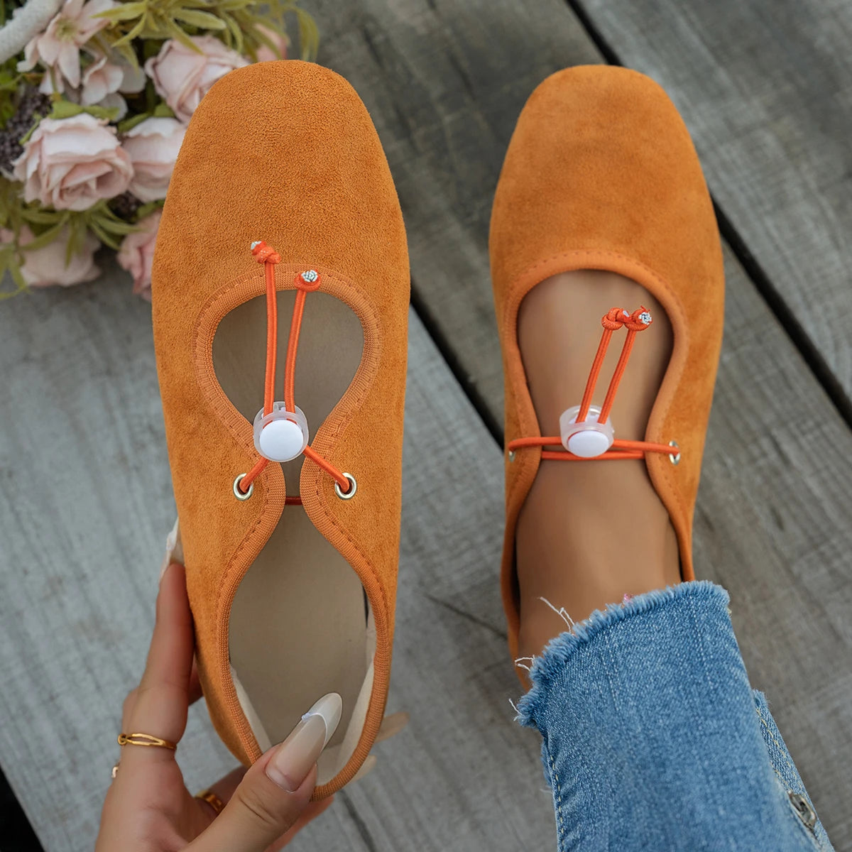 Women's Suede Mary Jane Flats - Lace-Up Ballet Loafers
