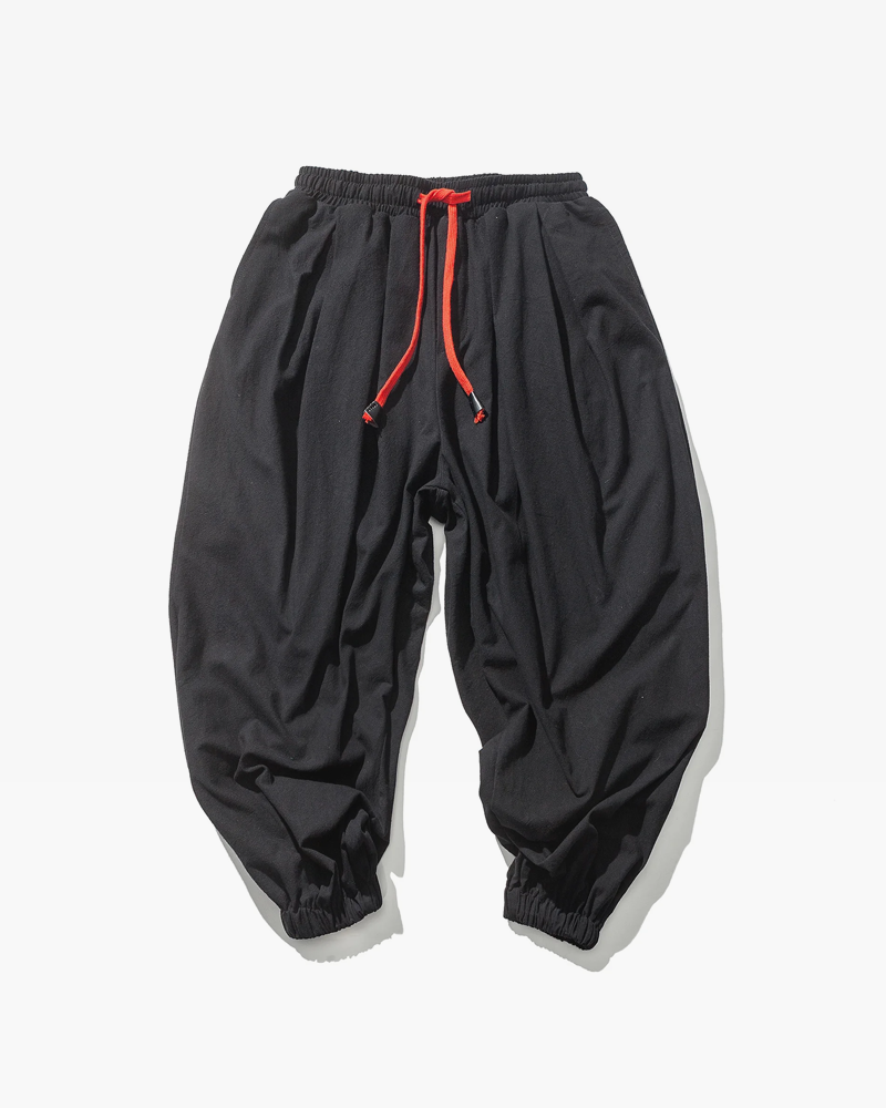 Men's Cotton Linen Cropped Pants - Loose Drawstring Trousers