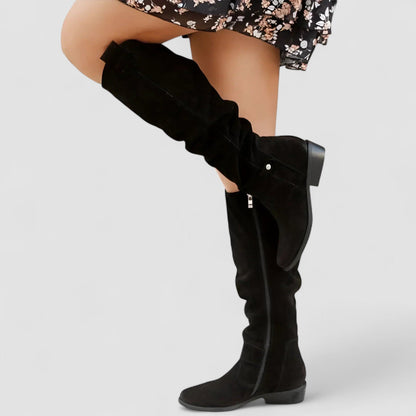 Women's Knee-High Slouch Boots - Low Block Heel Winter Boots