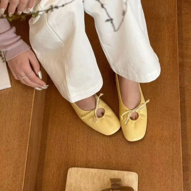 Women's Square Toe Ballet Flats - Scrunch Bow Slip-On Shoes