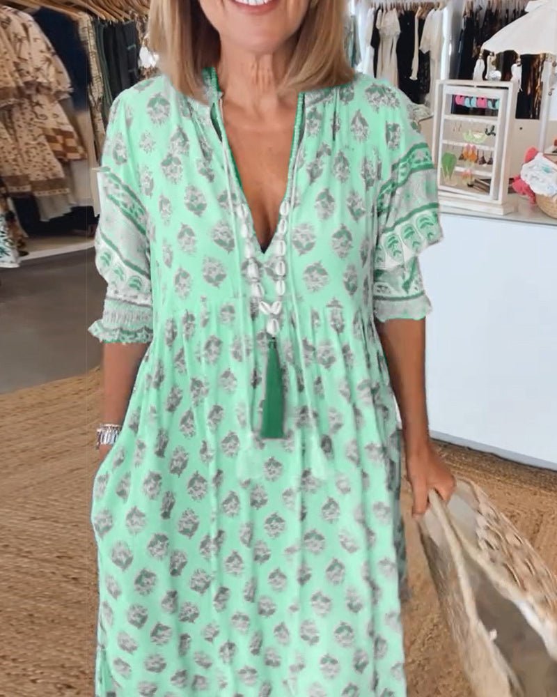 Women's Floral V-Neck Dress - Flowy Chic Midi Summer Dress