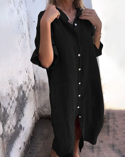 Women's Relaxed Shirt Midi Dress - Side Split with Pockets