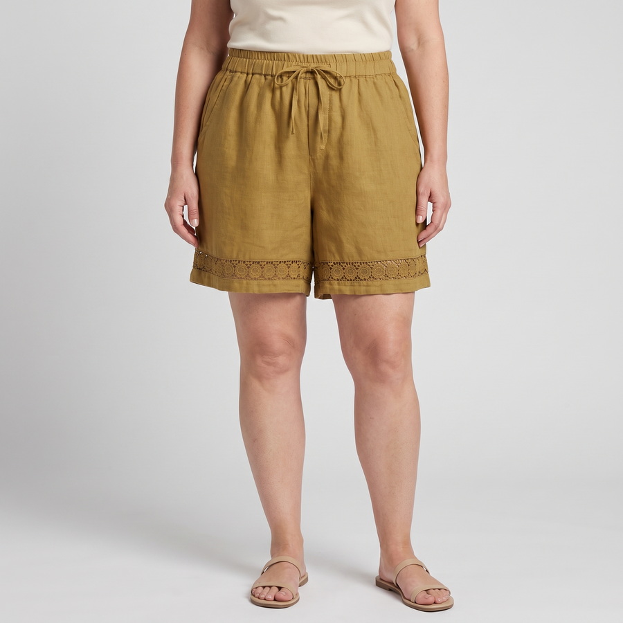 Women's Linen Shorts - Embroidered Lace Trim Relaxed Fit