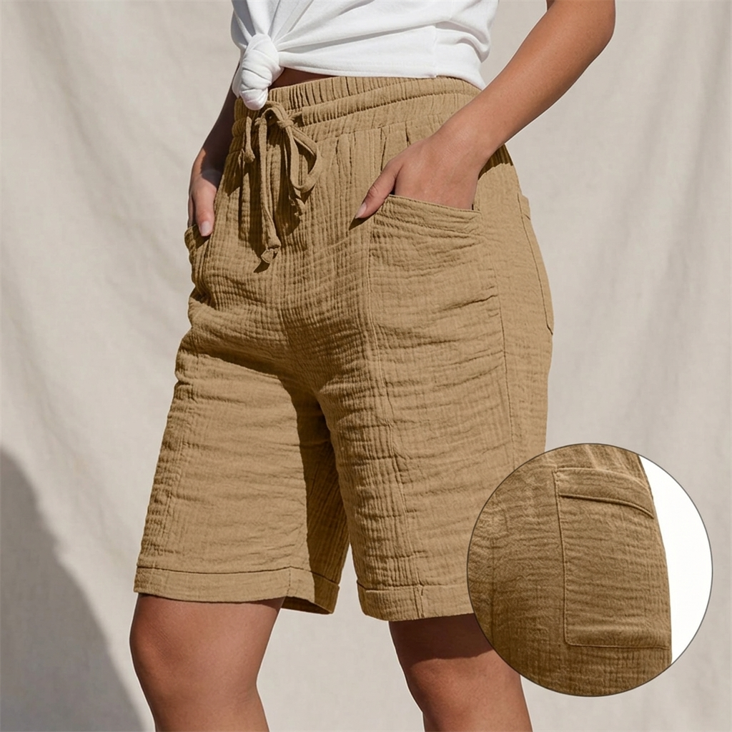 Women's Textured Bermuda Shorts - Adjustable Waist Shorts
