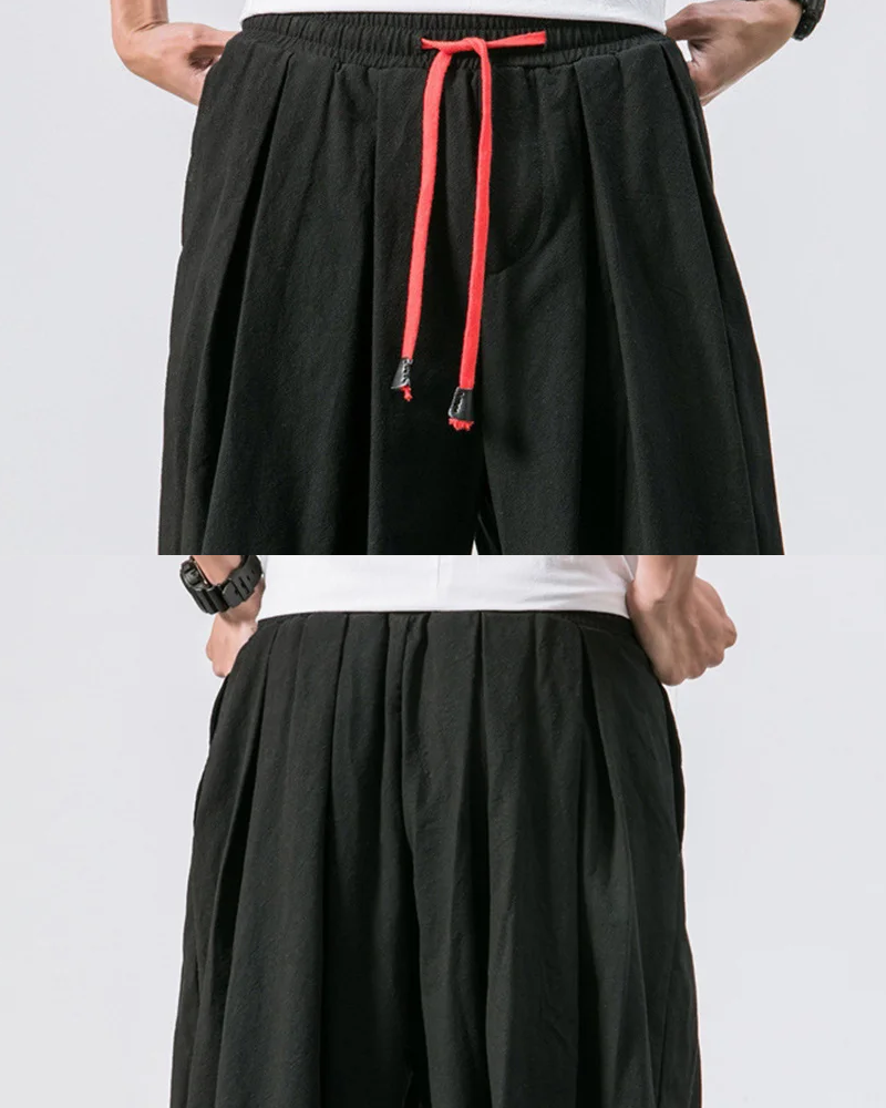 Men's Cotton Linen Cropped Pants - Loose Drawstring Trousers