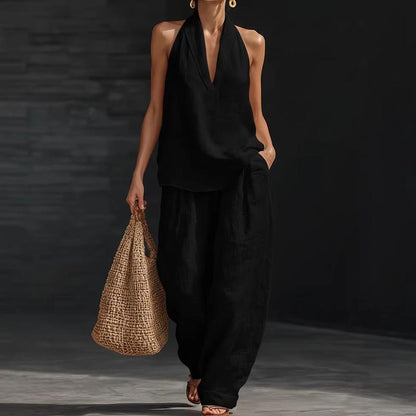 Linen Halter Tank and Wide Leg Pants Set - Women's Co-Ord