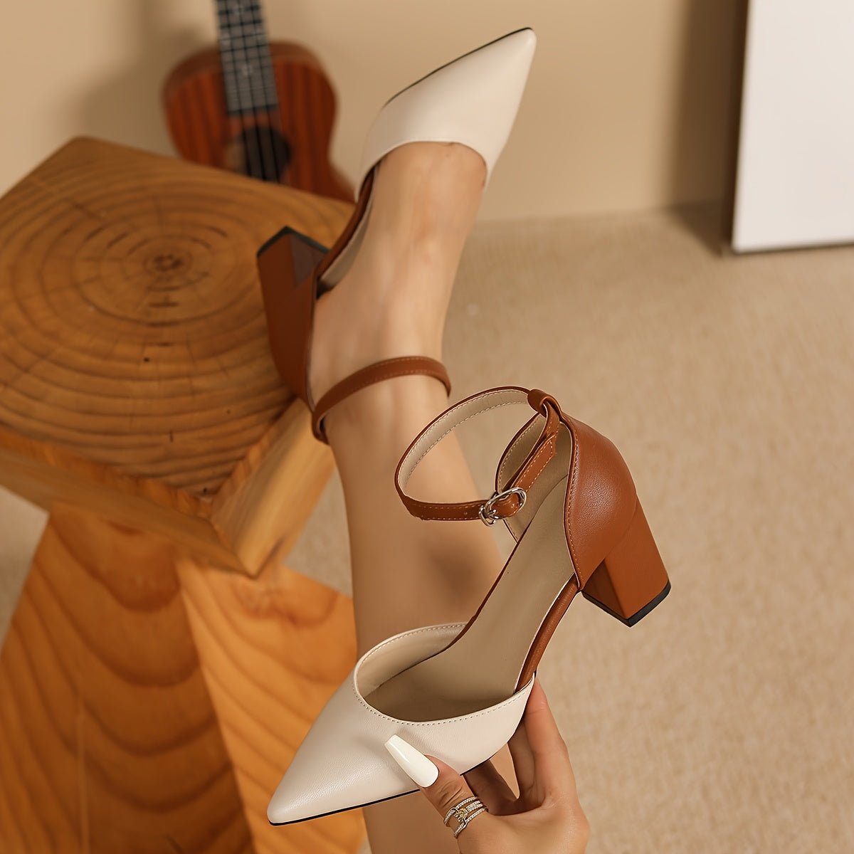Women's Two Tone Pointed Toe Block Heels - Ankle Strap Pumps