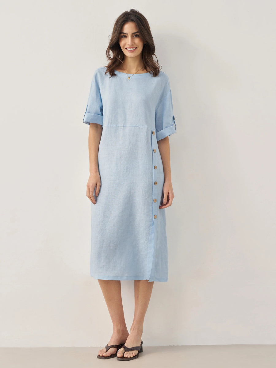 Women's 100% Linen Midi Dress - Asymmetric Round Neck Dress