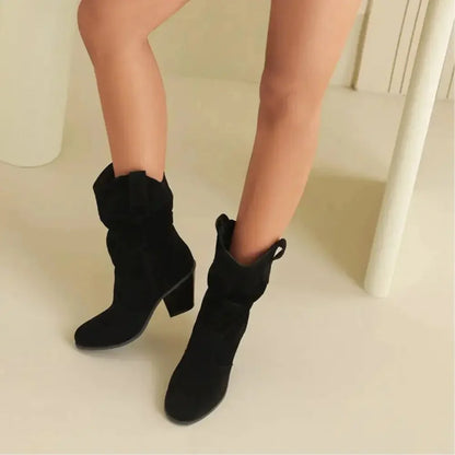 Retro Suede Slouchy Cowboy Boots - Chunky Heel Western Boots