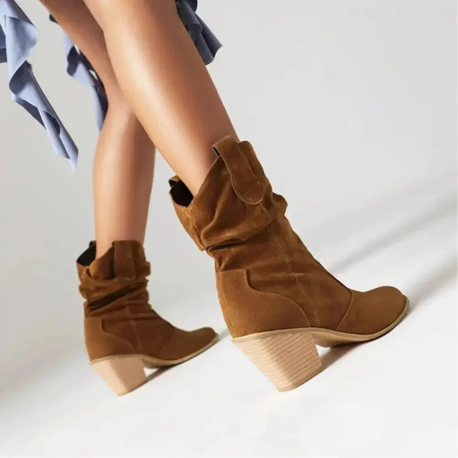 Retro Suede Slouchy Cowboy Boots - Chunky Heel Western Boots