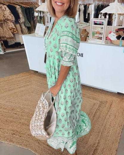 Women's Floral V-Neck Dress - Flowy Chic Midi Summer Dress