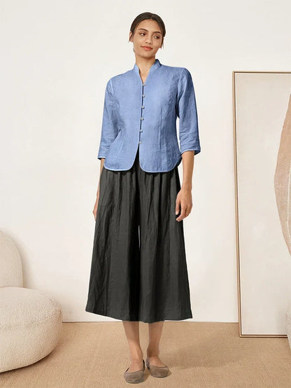 Women's 100% Linen Tailored Jacket - Stand Collar Blazer