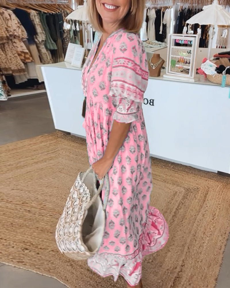 Women's Floral V-Neck Dress - Flowy Chic Midi Summer Dress