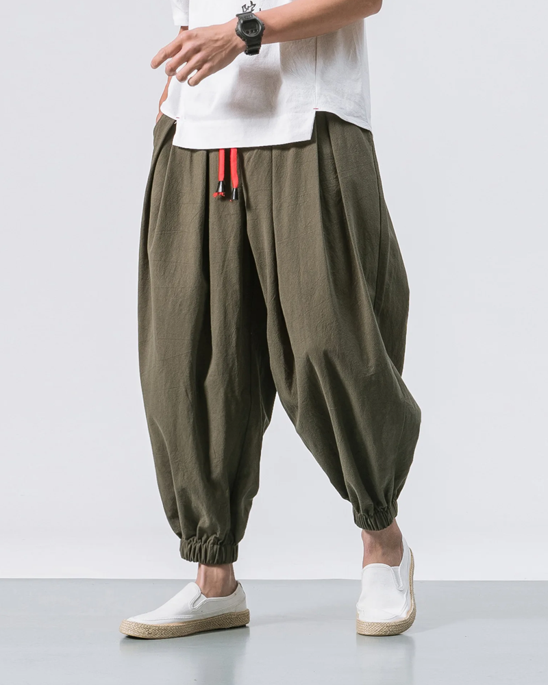 Men's Cotton Linen Cropped Pants - Loose Drawstring Trousers