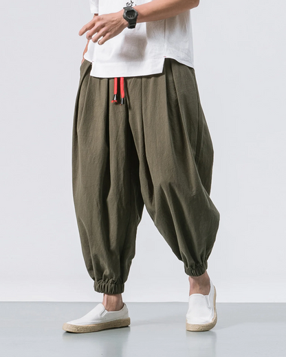 Men's Cotton Linen Cropped Pants - Loose Drawstring Trousers