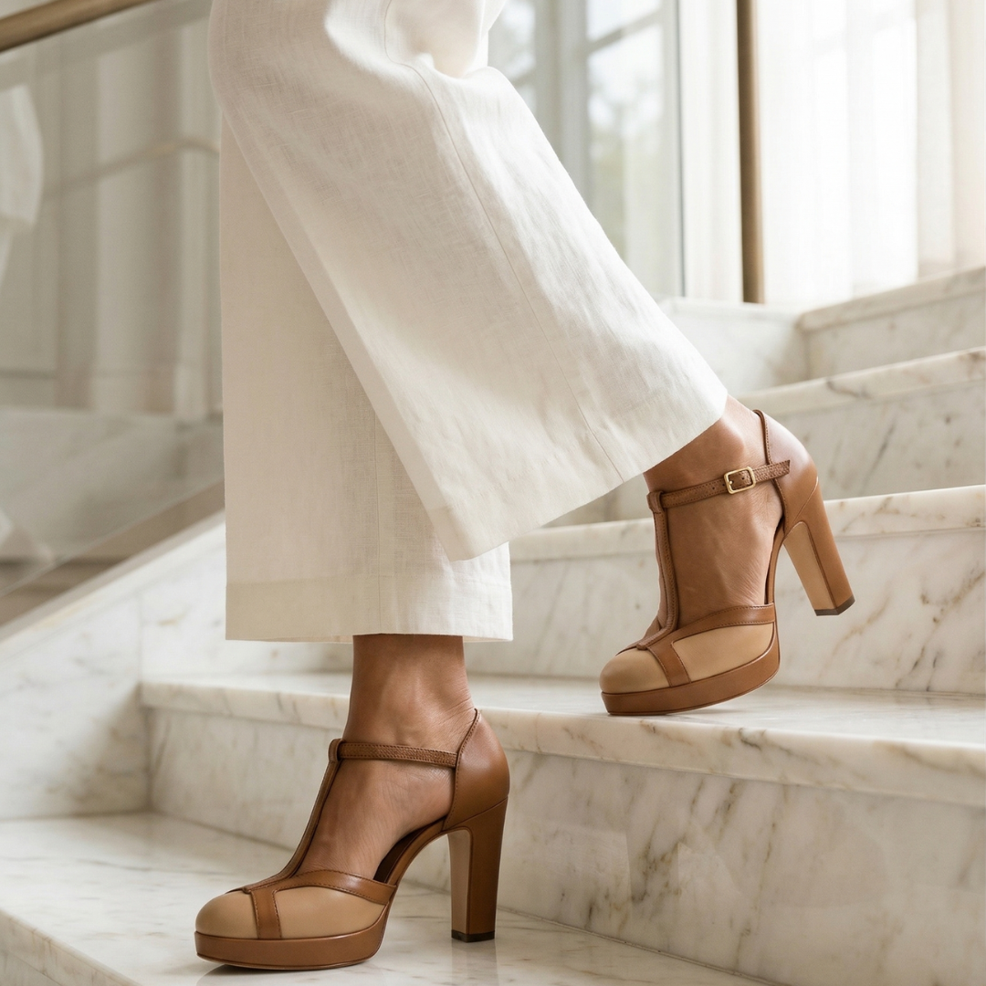 Women's Retro T-Strap Heels - Closed Round Toe Block Heels