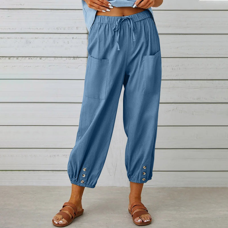 Women's Drawstring Cropped Trousers - Relaxed Cotton Linen