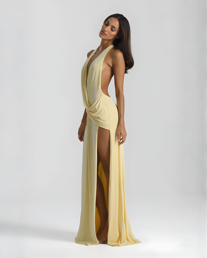 Women's Halter Neck Backless Maxi Dress - Evening Slit Gown