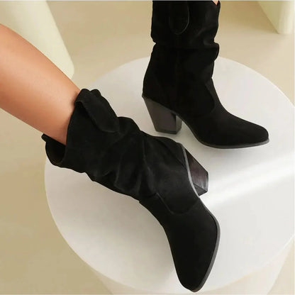 Retro Suede Slouchy Cowboy Boots - Chunky Heel Western Boots
