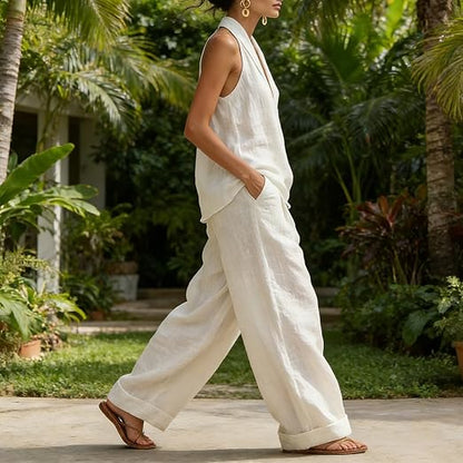 Linen Halter Tank and Wide Leg Pants Set - Women's Co-Ord