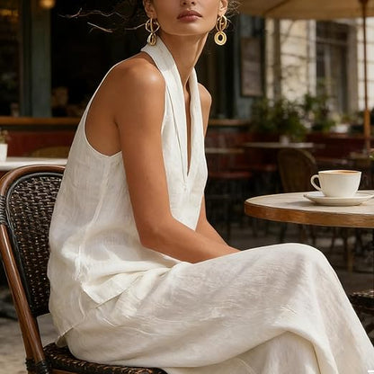 Linen Halter Tank and Wide Leg Pants Set - Women's Co-Ord