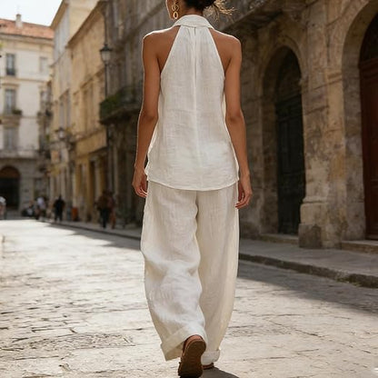 Linen Halter Tank and Wide Leg Pants Set - Women's Co-Ord