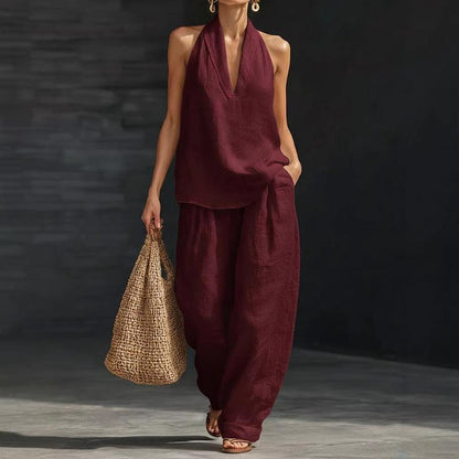 Linen Halter Tank and Wide Leg Pants Set - Women's Co-Ord