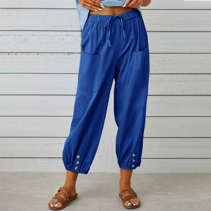 Women's Drawstring Cropped Trousers - Relaxed Cotton Linen