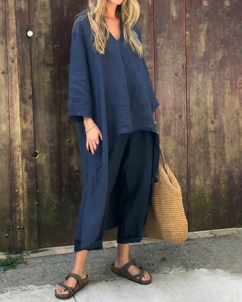 Women's Linen Two Piece Set - Relaxed Top and Pants Outfit