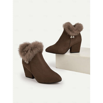 Women's Fur-Trimmed Ankle Boots - Pointed Toe Block Heel