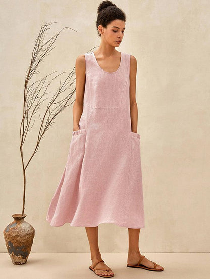 Women's 100% Linen Sleeveless Midi Dress with Pockets