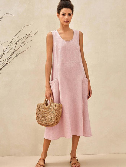 Women's 100% Linen Sleeveless Midi Dress with Pockets
