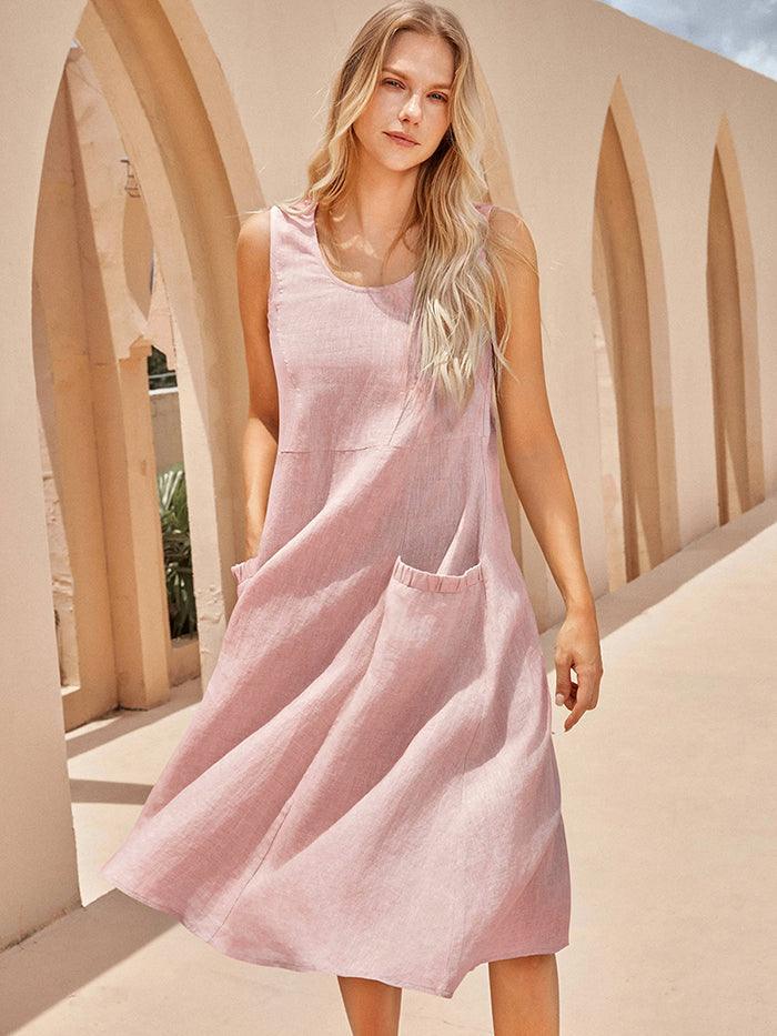 Women's 100% Linen Sleeveless Midi Dress with Pockets
