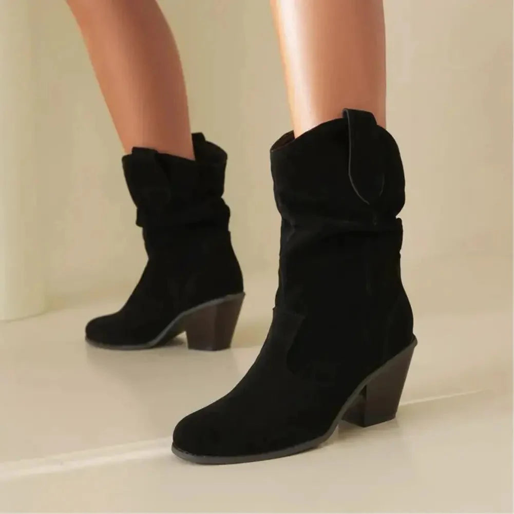 Retro Suede Slouchy Cowboy Boots - Chunky Heel Western Boots